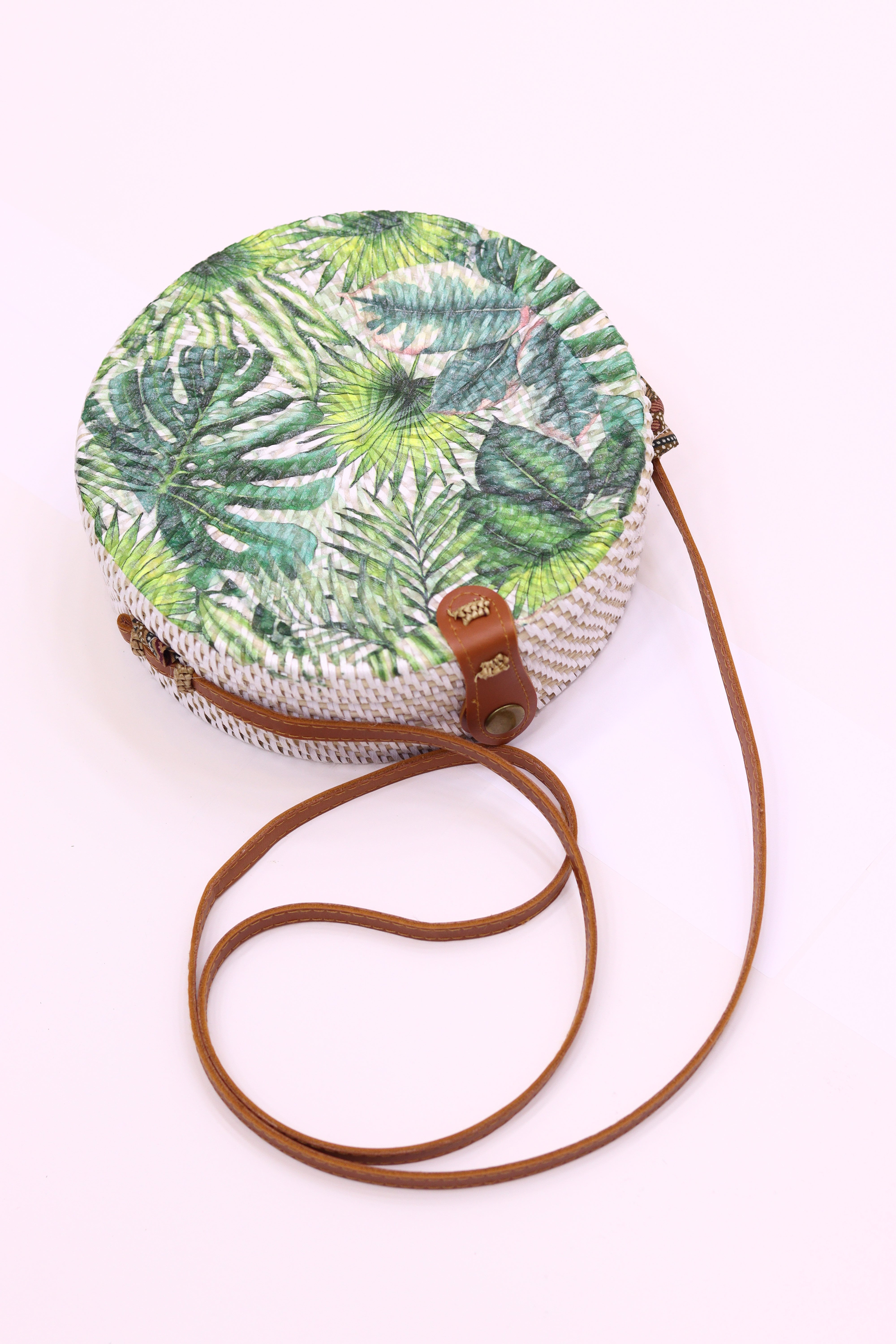 Handwoven Round Rattan Bag with Tropical Print Shoulder Leather Straps Natural Chic Hand RB-07